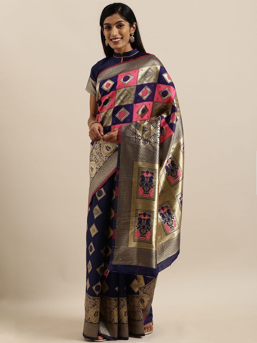 

SHAVYA Pink & Blue Pure Linen Woven Design Banarasi Saree