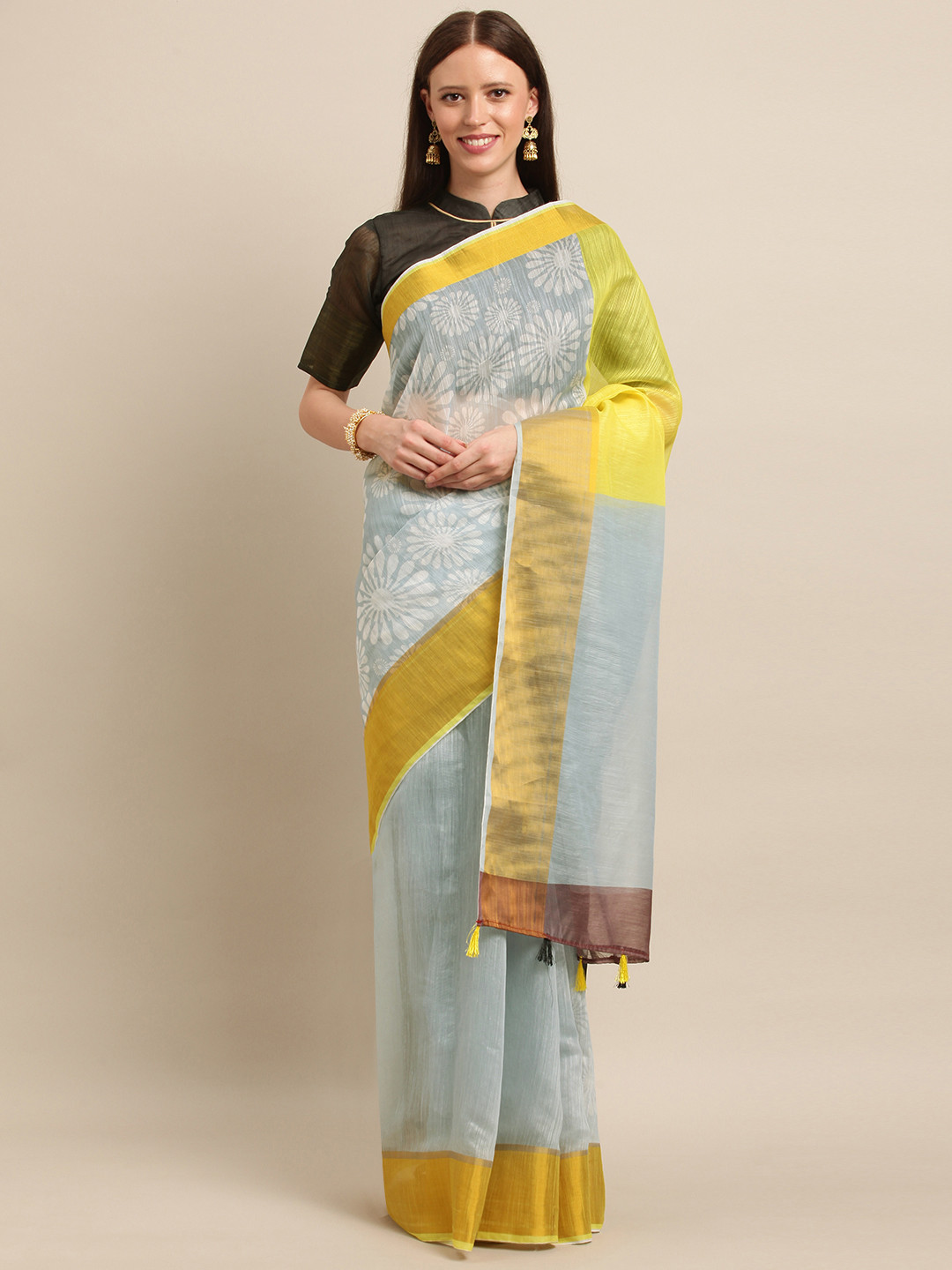 

SHAVYA Blue & Black Pure Linen Polka Dots Printed Saree