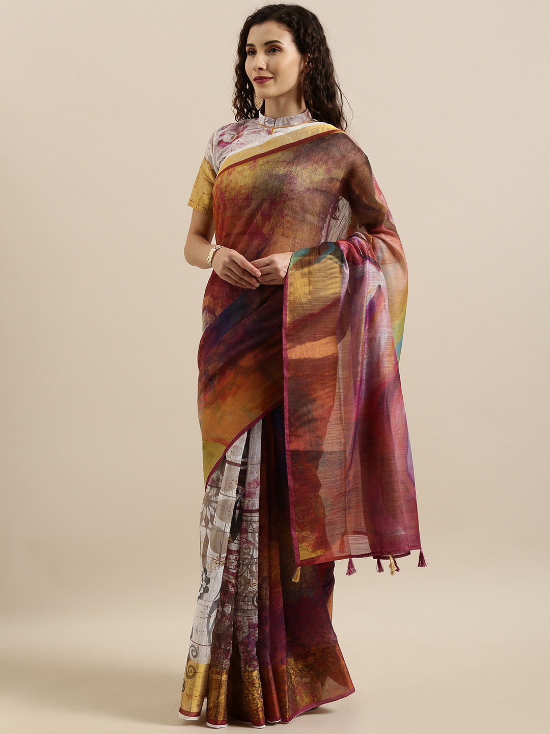 

SHAVYA Pink & Brown Pure Linen Printed Saree