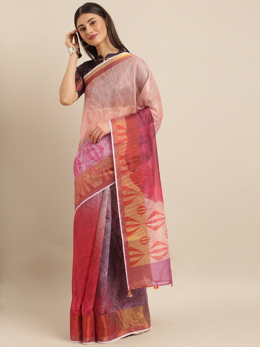 

SHAVYA Peach-Coloured & Pink Pure Linen Floral Printed Saree
