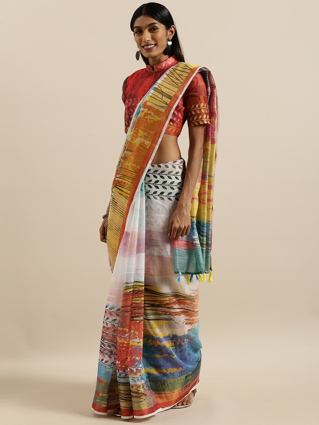 

SHAVYA Multicoloured Printed Pure Linen Saree, Multi