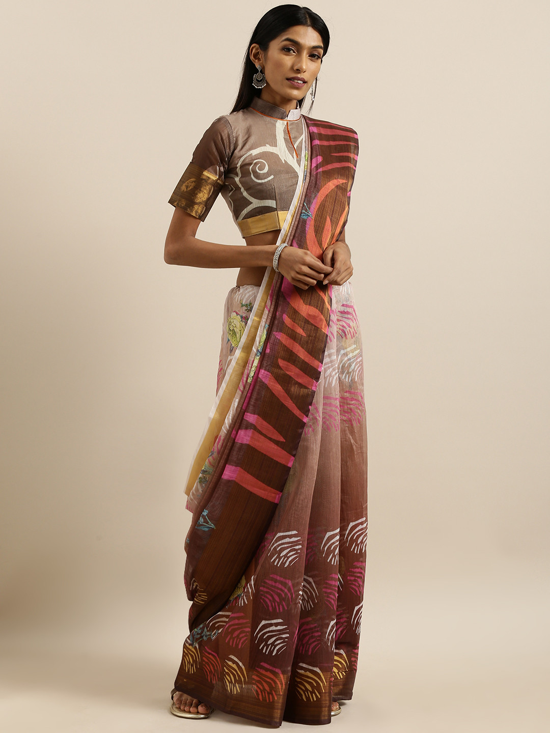 

SHAVYA Brown & Pink Pure Linen Digital Printed Saree