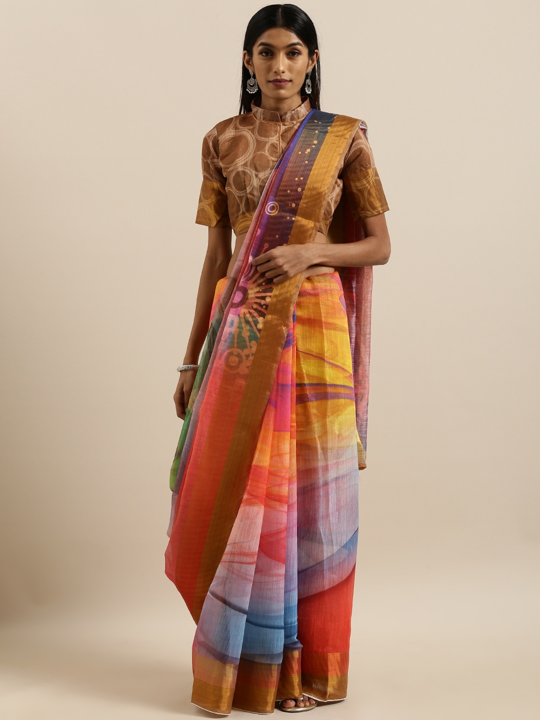

SHAVYA Multicoloured Printed Pure Linen Saree, Multi