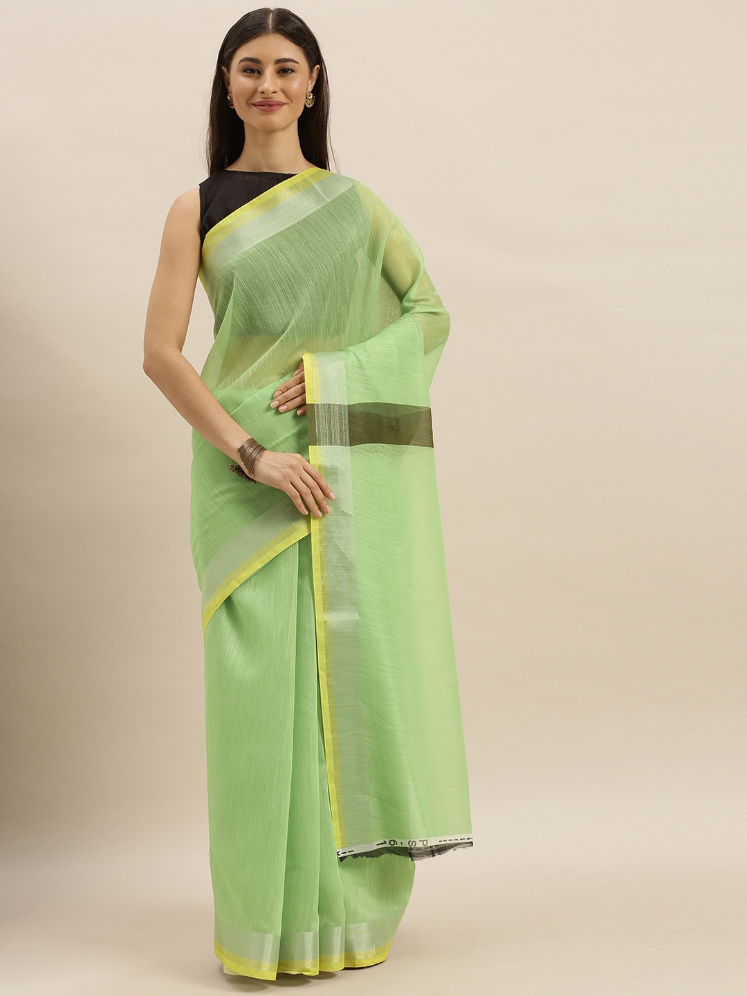 

SHAVYA Green Solid Pure Linen Saree