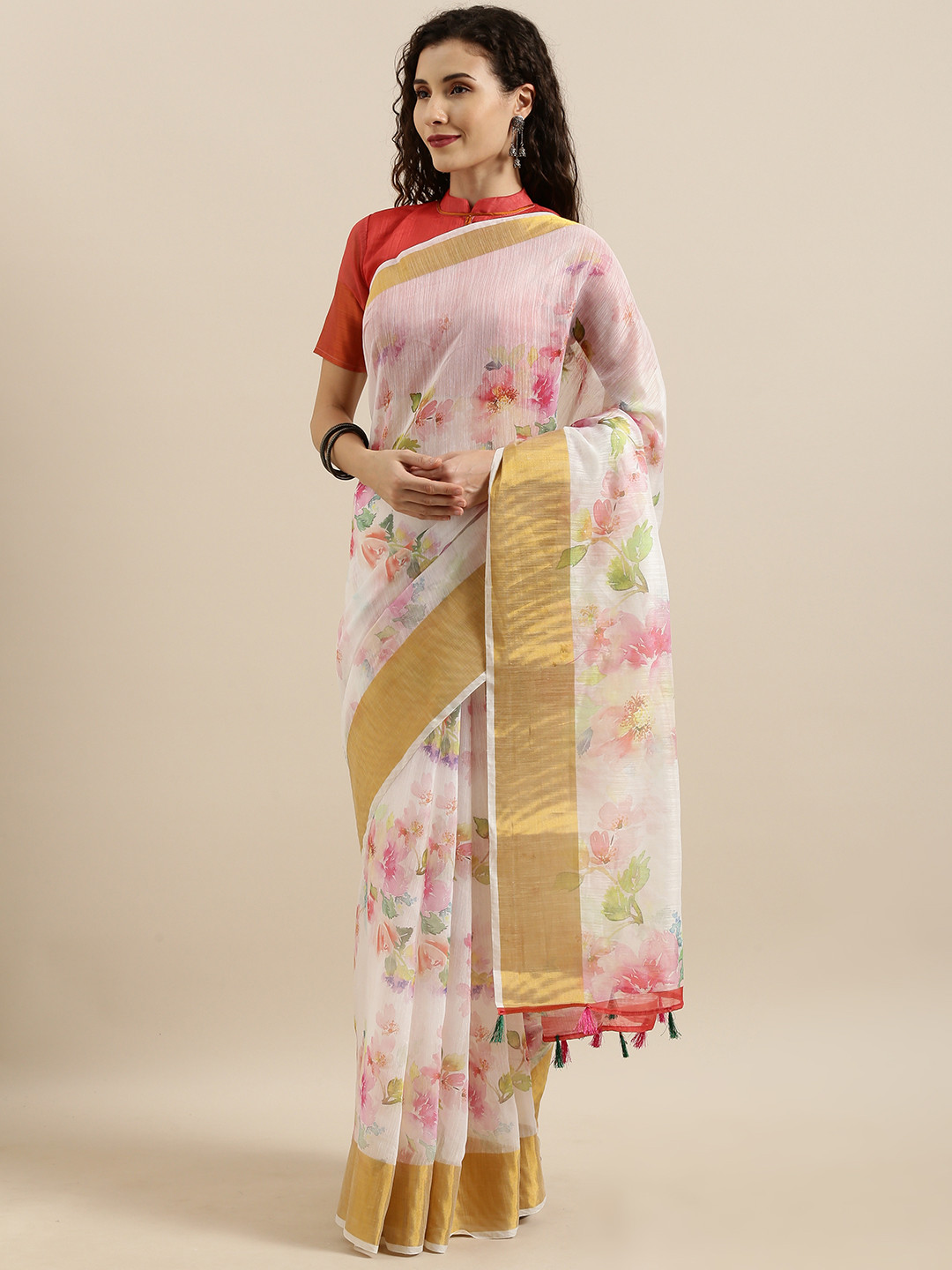 

SHAVYA White & Red Pure Linen Digital Floral Printed Saree