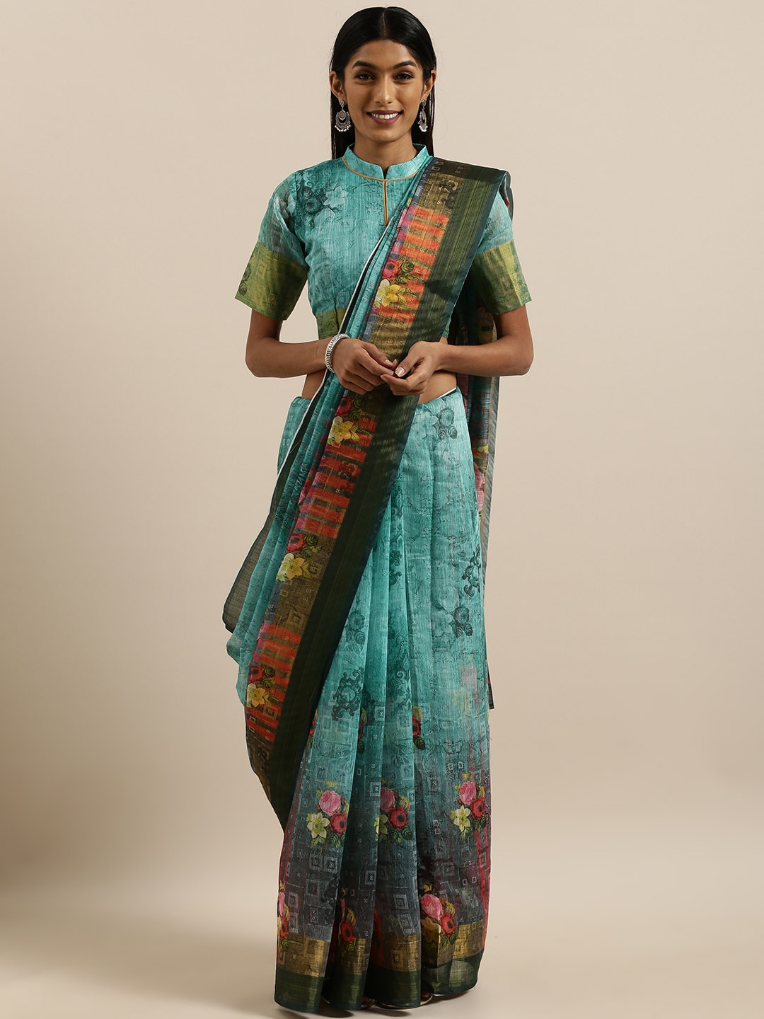 

SHAVYA Green & Red Pure Linen Printed Saree