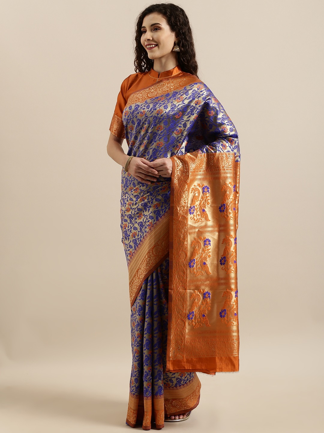 

SHAVYA Blue & Orange Pure Linen Woven Design Banarasi Saree