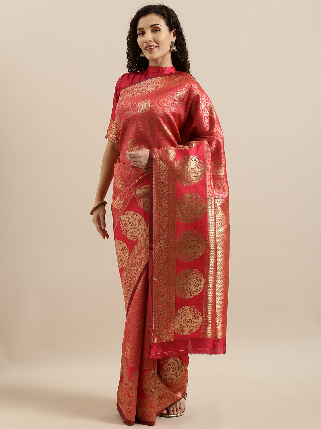 

SHAVYA Pink & Gold-Toned Pure Linen Woven Design Banarasi Saree