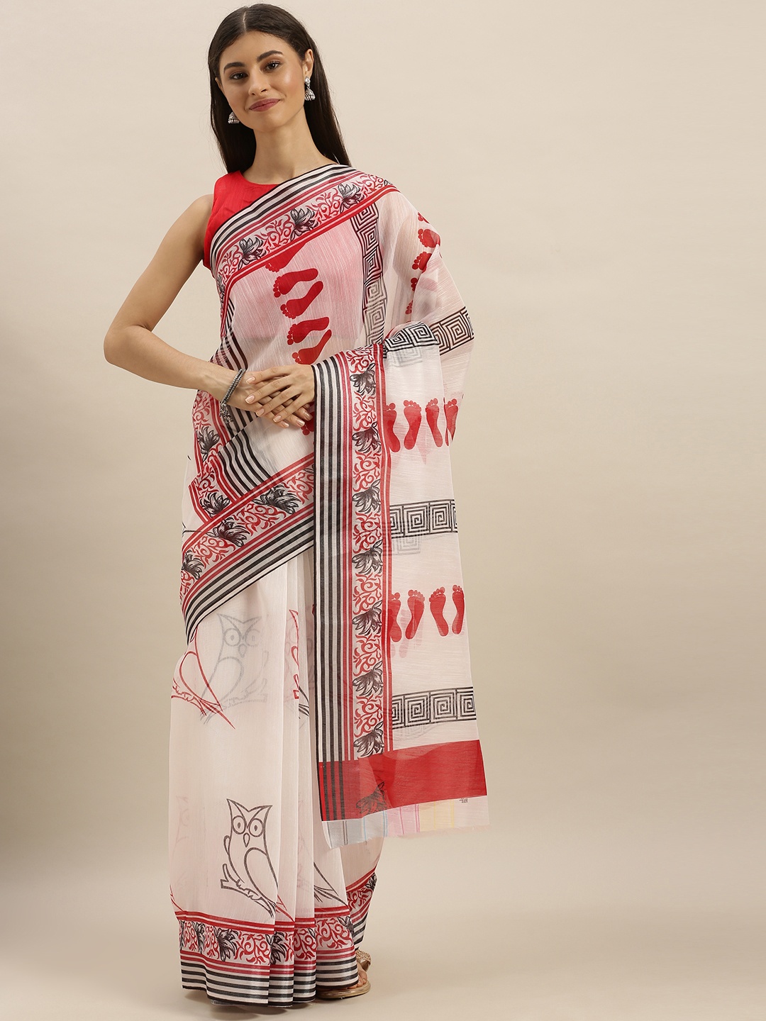 

SHAVYA White & Red Pure Linen Printed Saree