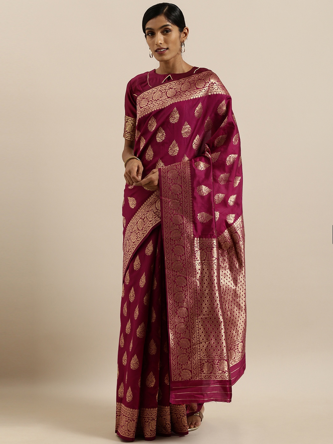 

SHAVYA Magenta Pink & Golden Pure Linen Woven Design Banarasi Saree