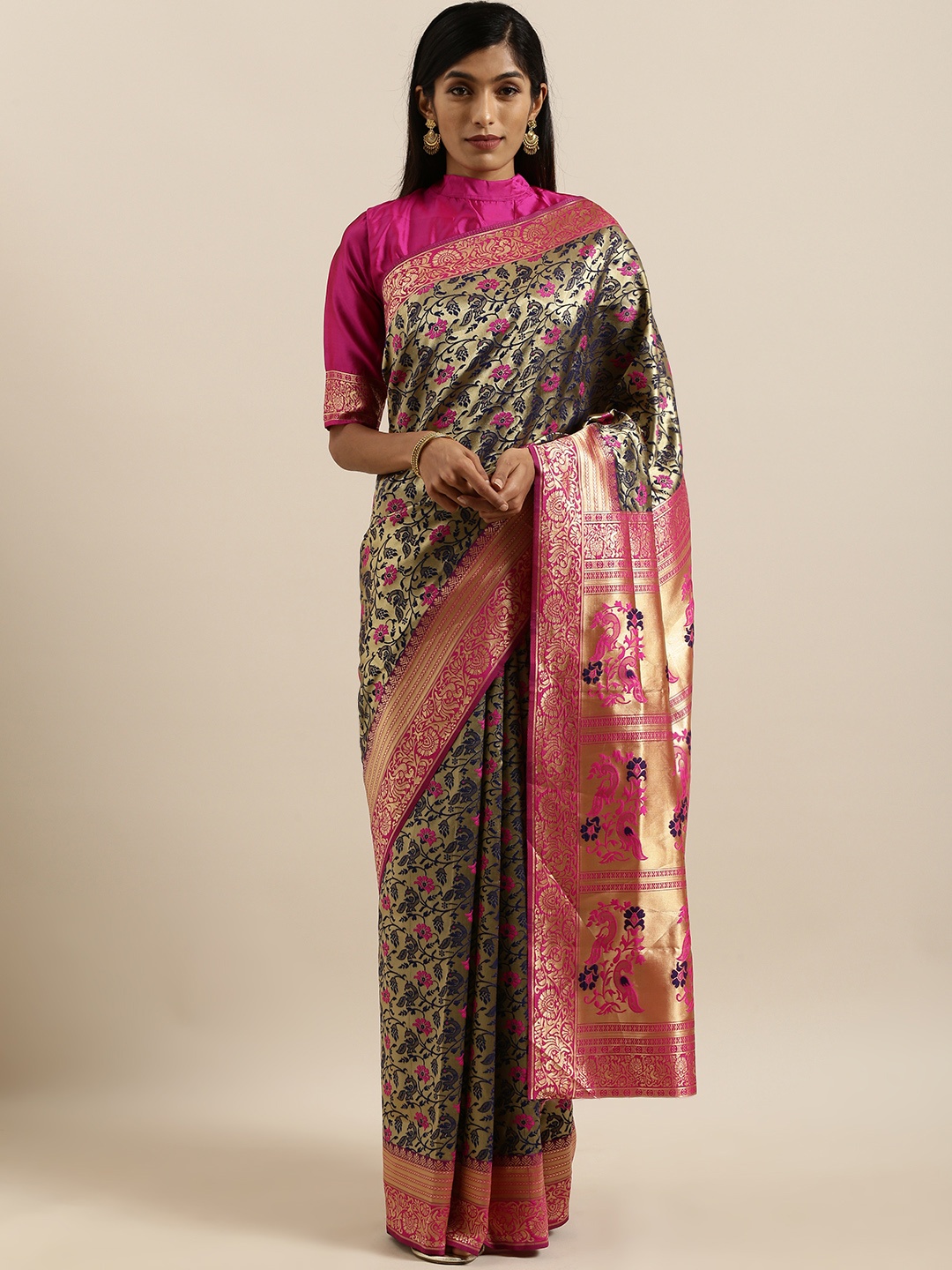 

SHAVYA Golden & Blue Pure Linen Woven Design Banarasi Saree, Gold