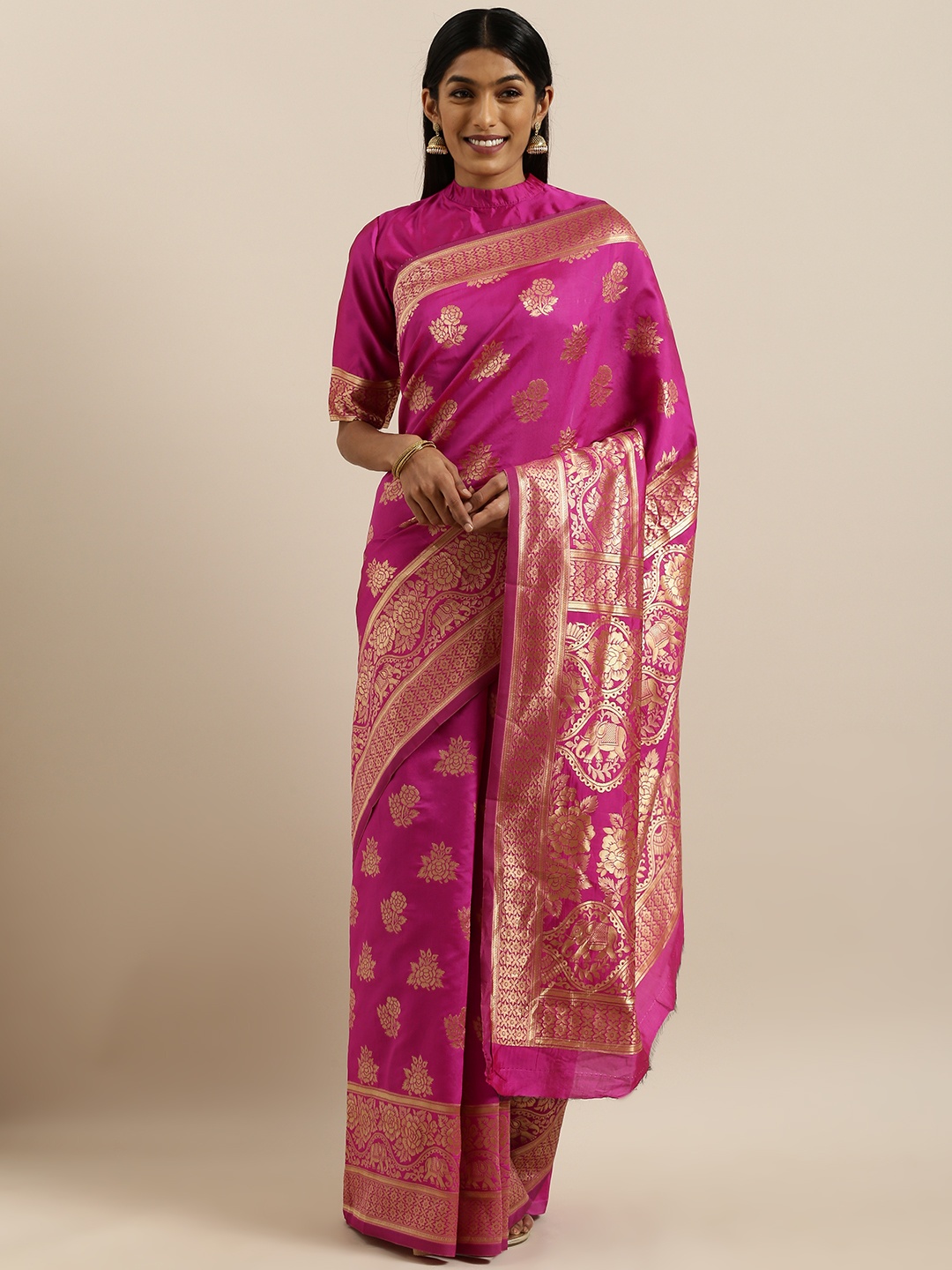 

SHAVYA Fuchsia & Gold-Toned Pure Silk Woven Design Banarasi Saree