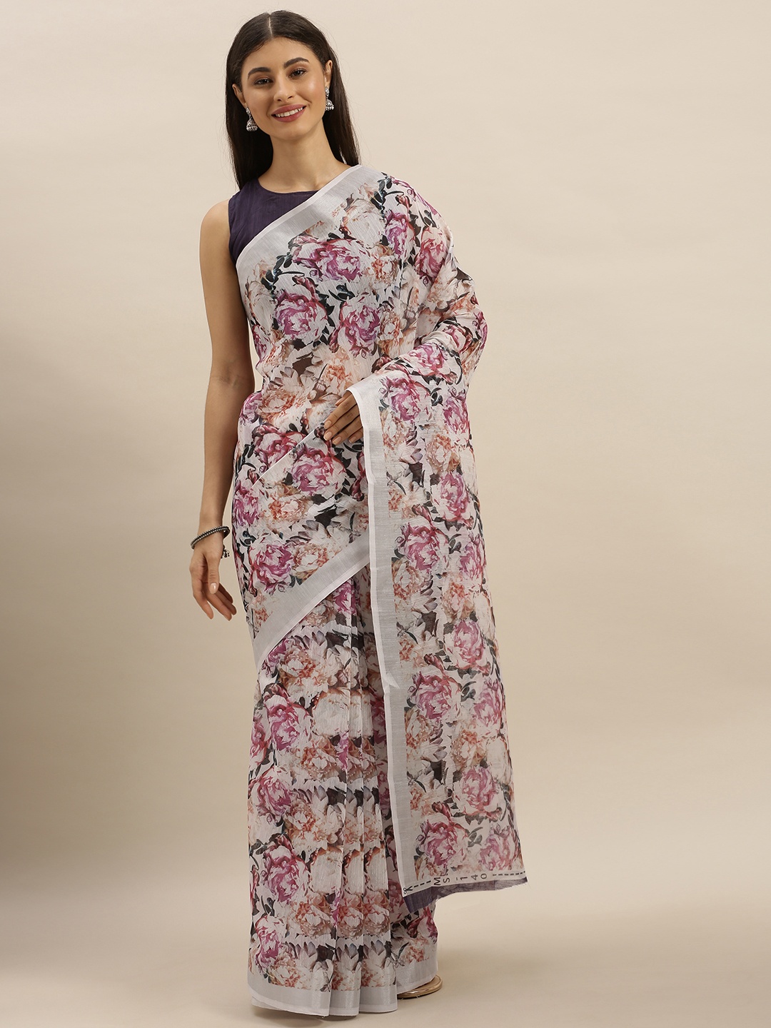 

SHAVYA White & Pink Pure Linen Printed Saree