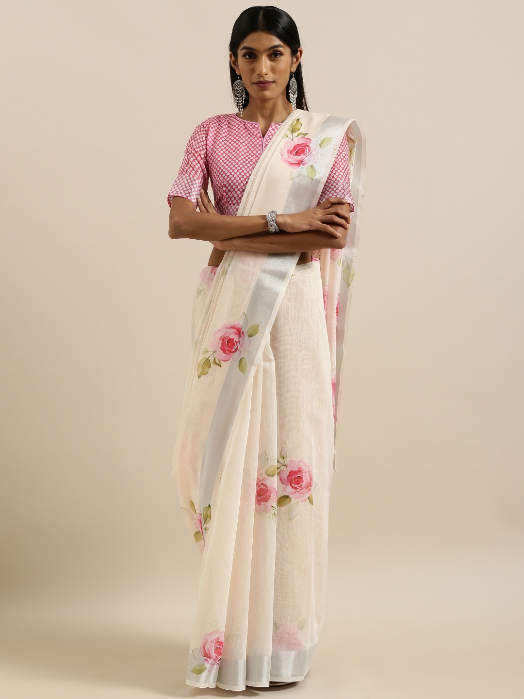 

SHAVYA Off- White & Pink Pure Linen Printed Saree