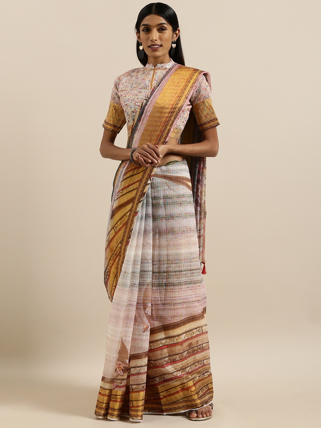 

SHAVYA Off-White & Beige Pure Linen Printed Saree