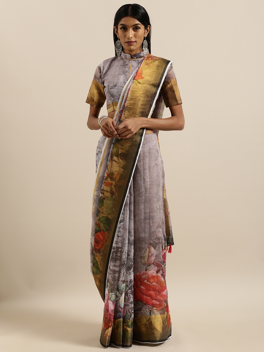 

SHAVYA Black & Gold-Toned Pure Linen Printed Saree