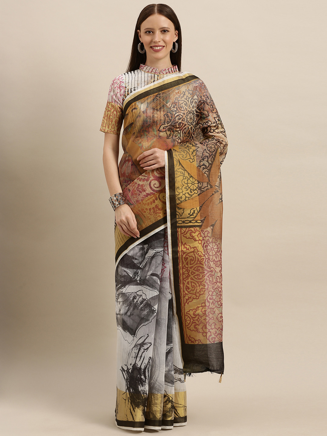 

SHAVYA Brown & White Pure Linen Printed Saree
