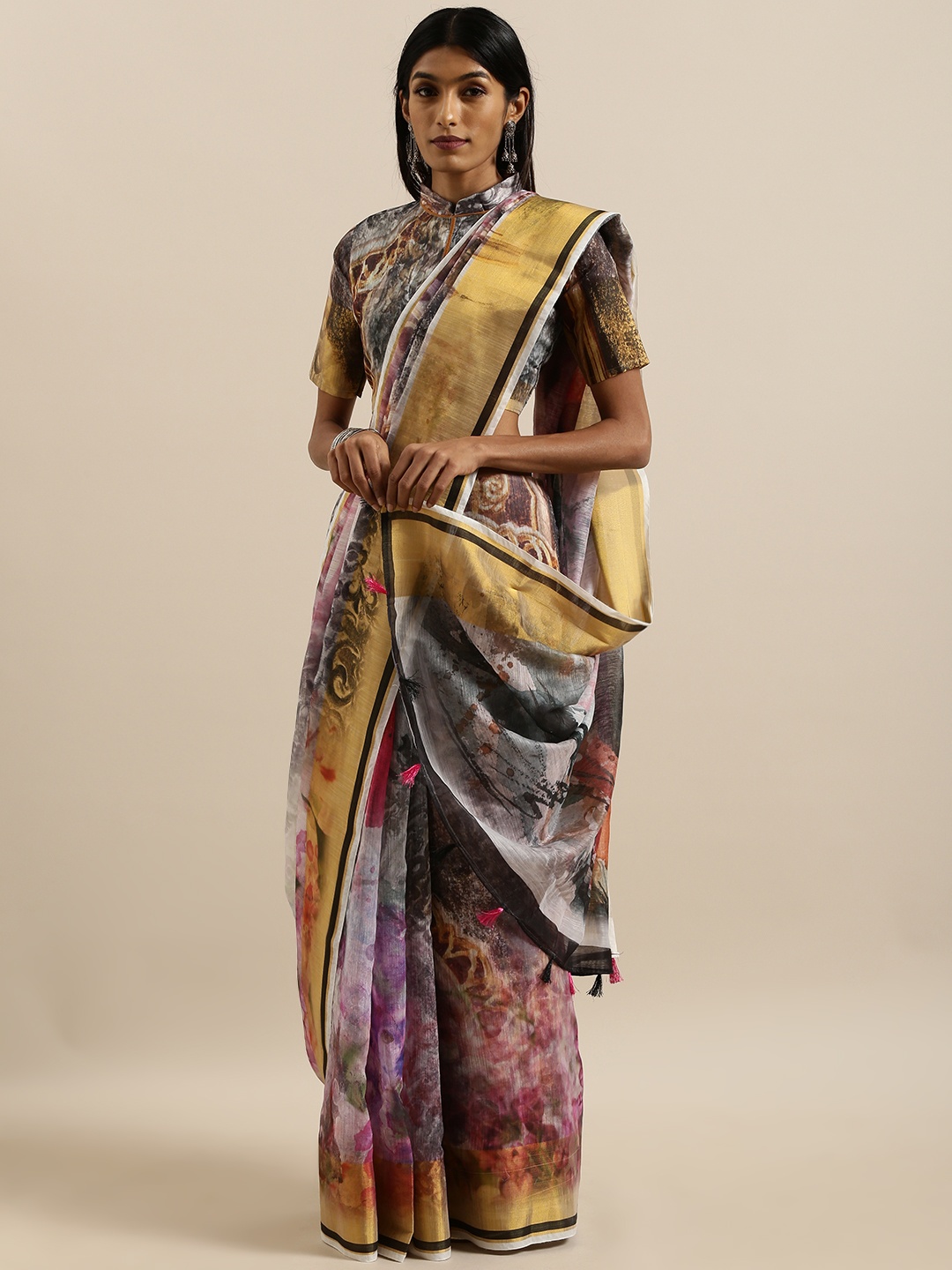 

SHAVYA Multicoloured Printed Pure Linen Saree, Multi