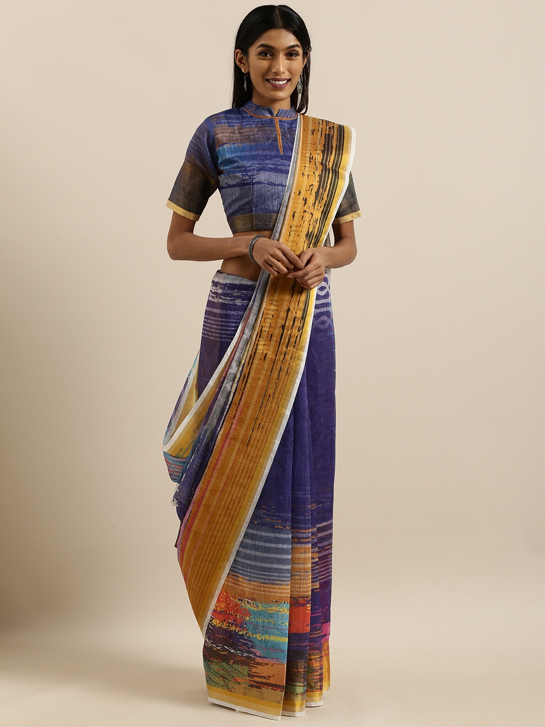 

SHAVYA Purple Printed Pure Linen Saree