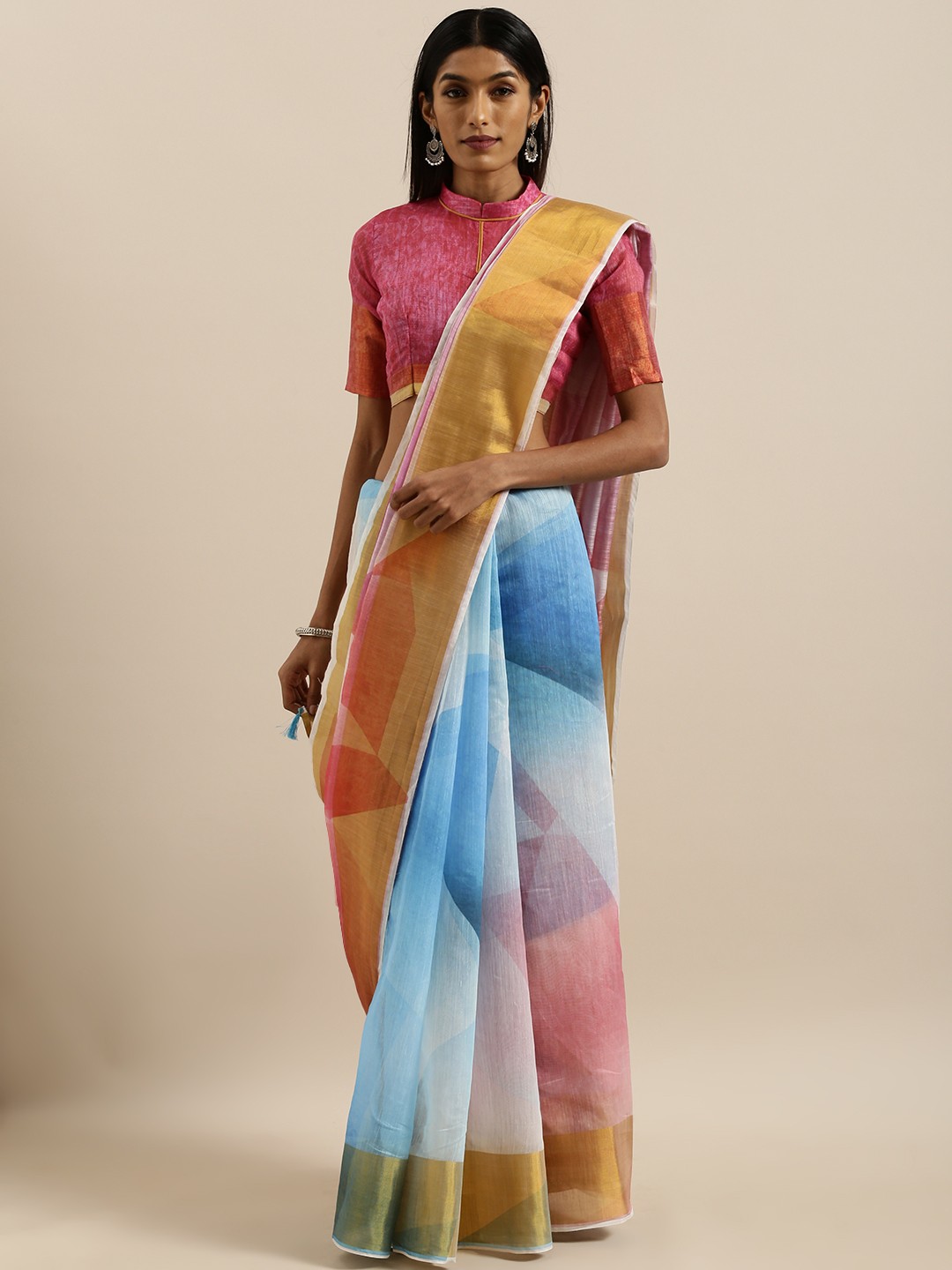 

SHAVYA Blue & Pink Pure Linen Digital Printed Saree