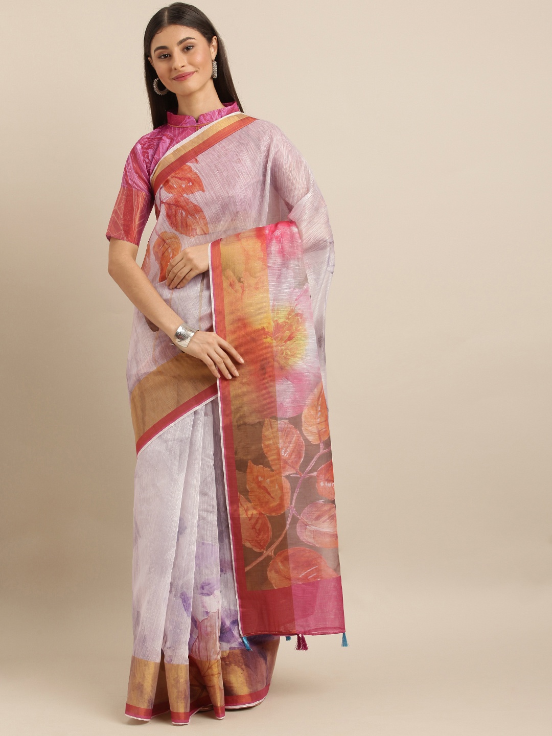 

SHAVYA Off-White & Red Pure Linen Floral Printed Saree