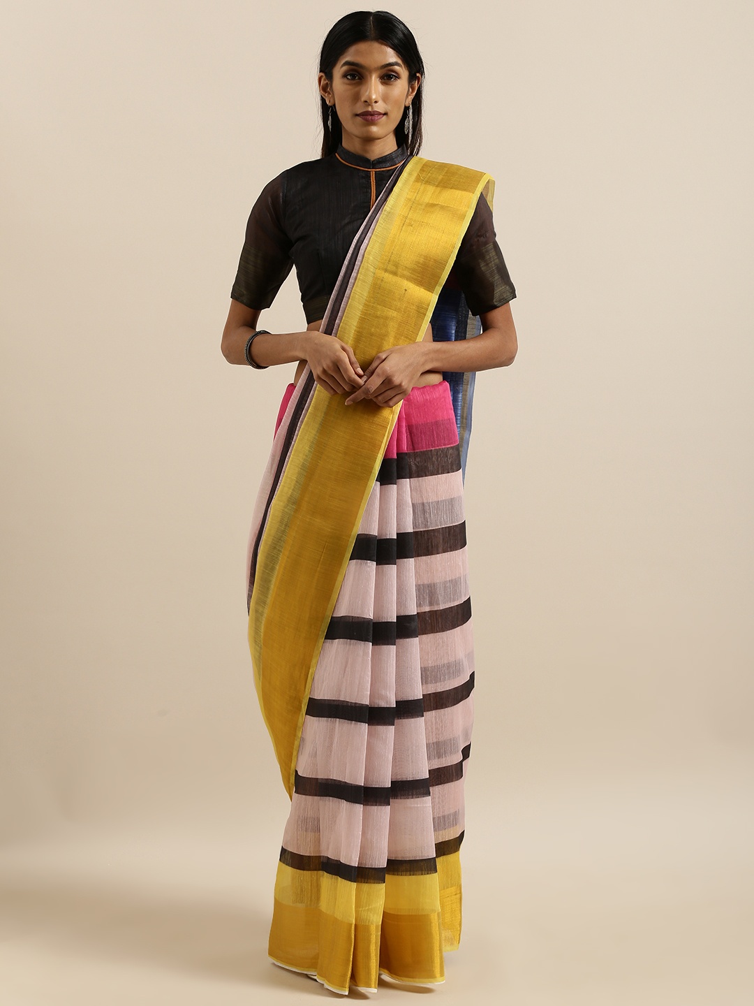 

SHAVYA Blue & Black Pure Linen Striped Saree