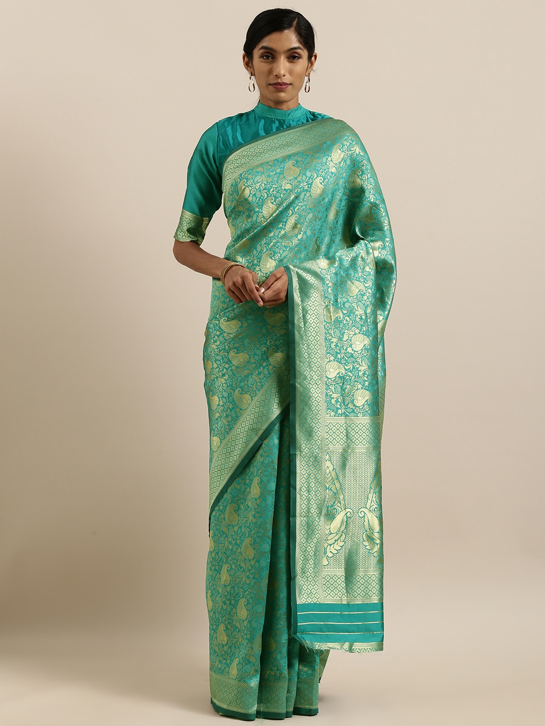 

SHAVYA Turquoise Blue & Gold-Toned Pure Linen Woven Design Banarasi Saree