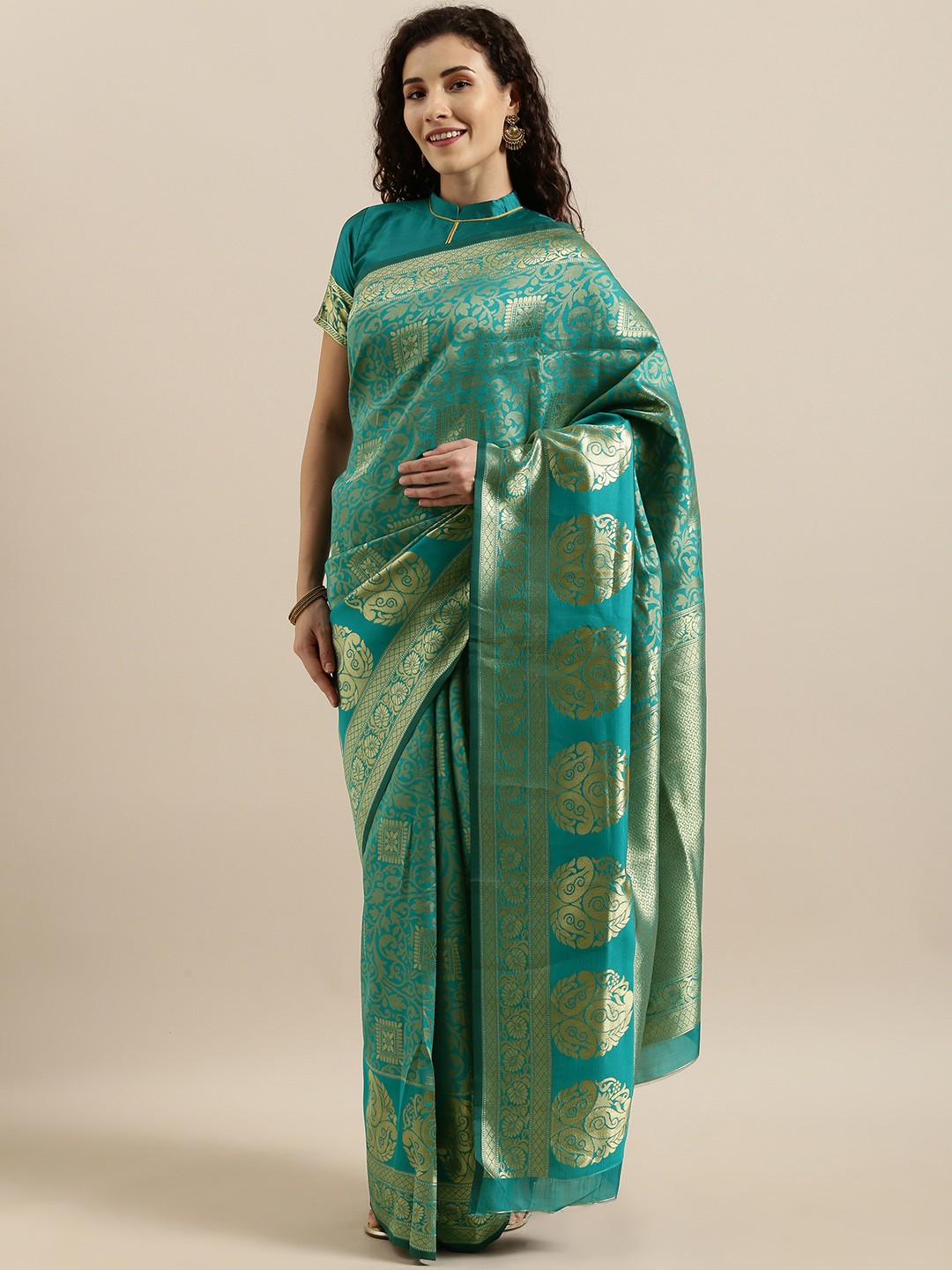 

SHAVYA Turquoise Blue & Gold-Toned Pure Linen Woven Design Banarasi Saree