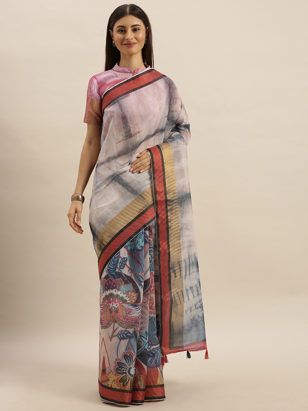 

SHAVYA Off-White & Navy Blue Pure Linen Printed Saree