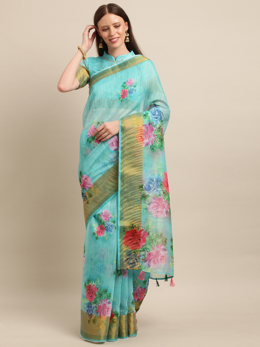 

SHAVYA Turquoise Blue & Pink Pure Linen Floral Printed Saree