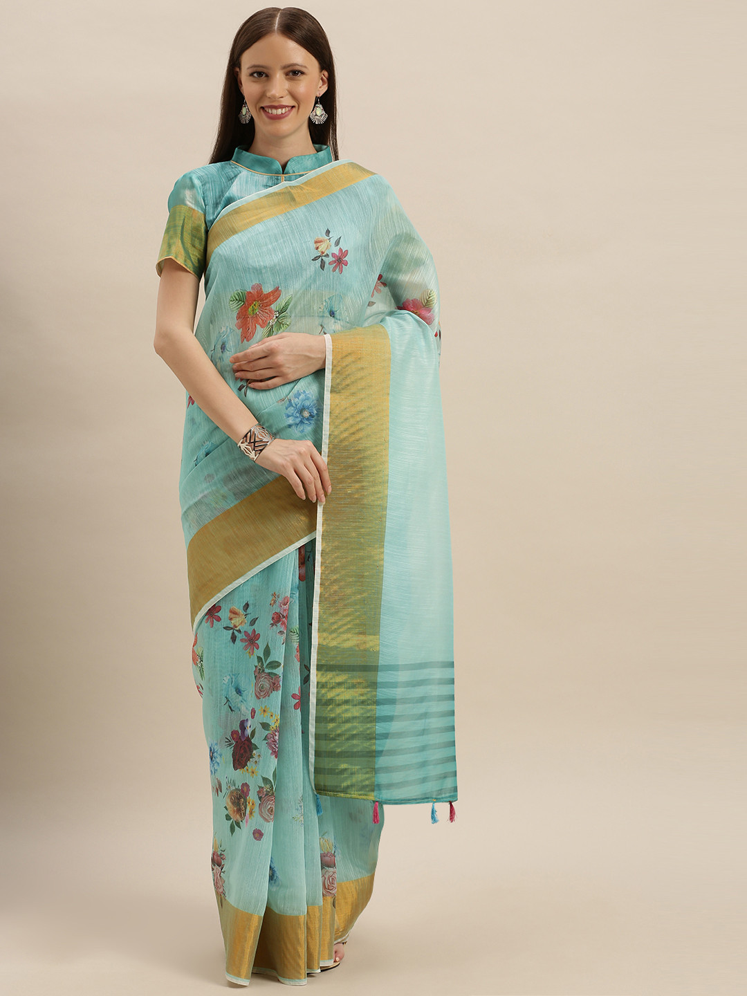 

SHAVYA Sea Green & Pink Pure Linen Digital Floral Printed Saree