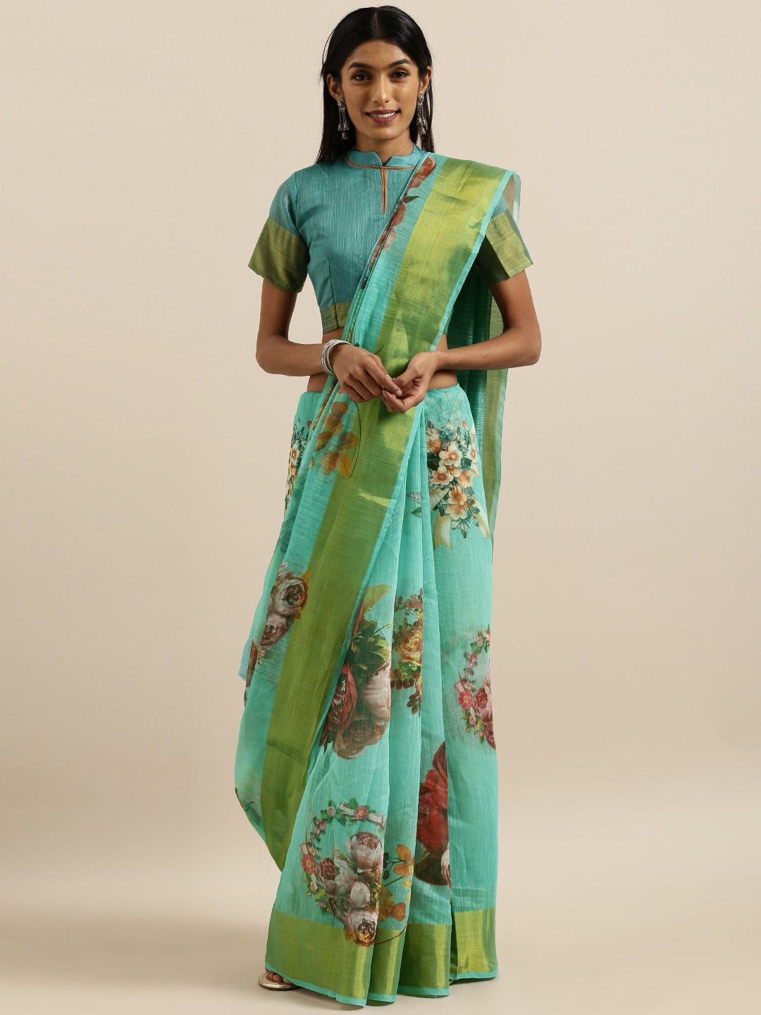 

SHAVYA Sea Green & Peach-Coloured Pure Linen Printed Saree
