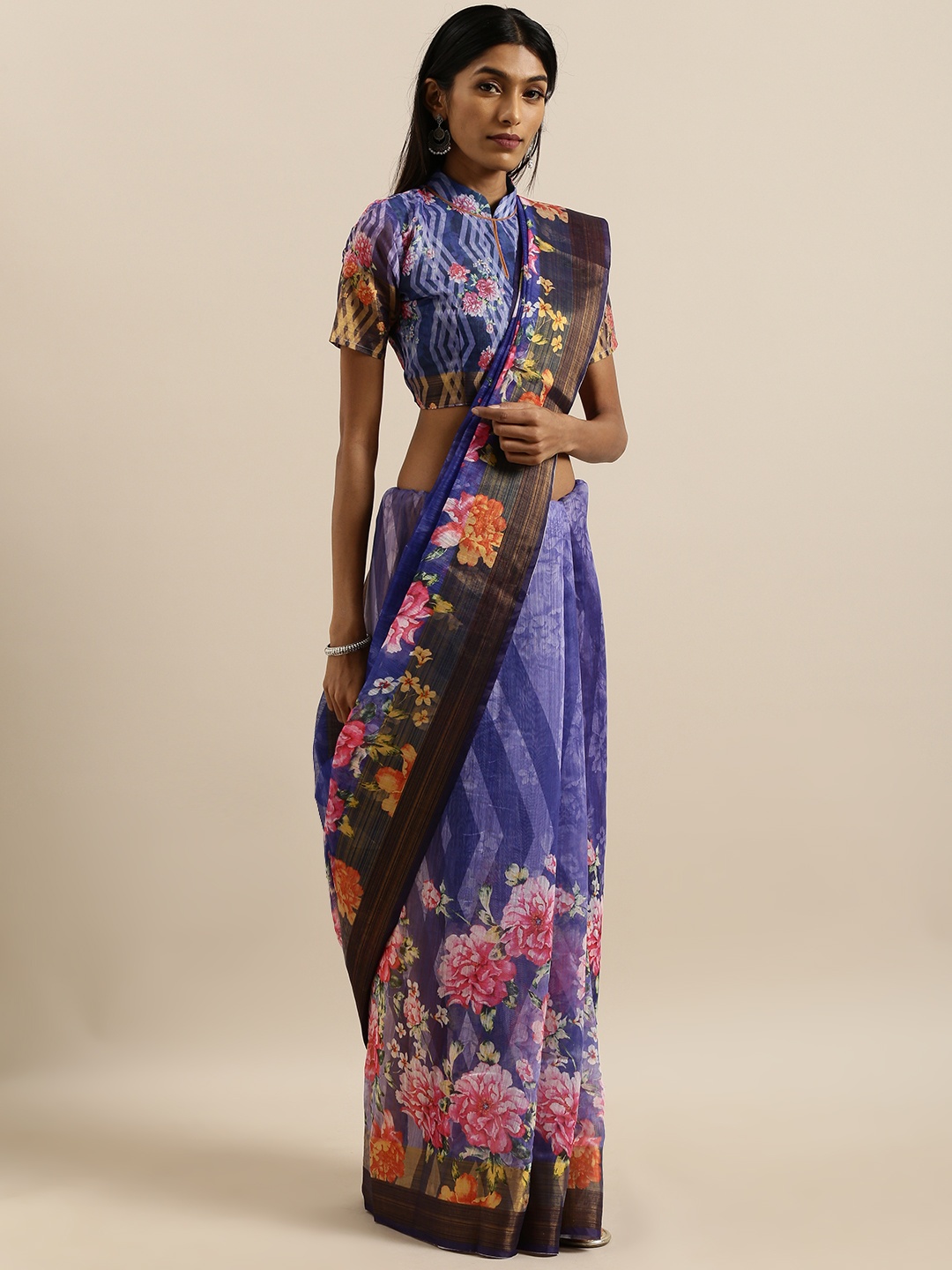 

SHAVYA Blue & Pink Pure Linen Printed Saree
