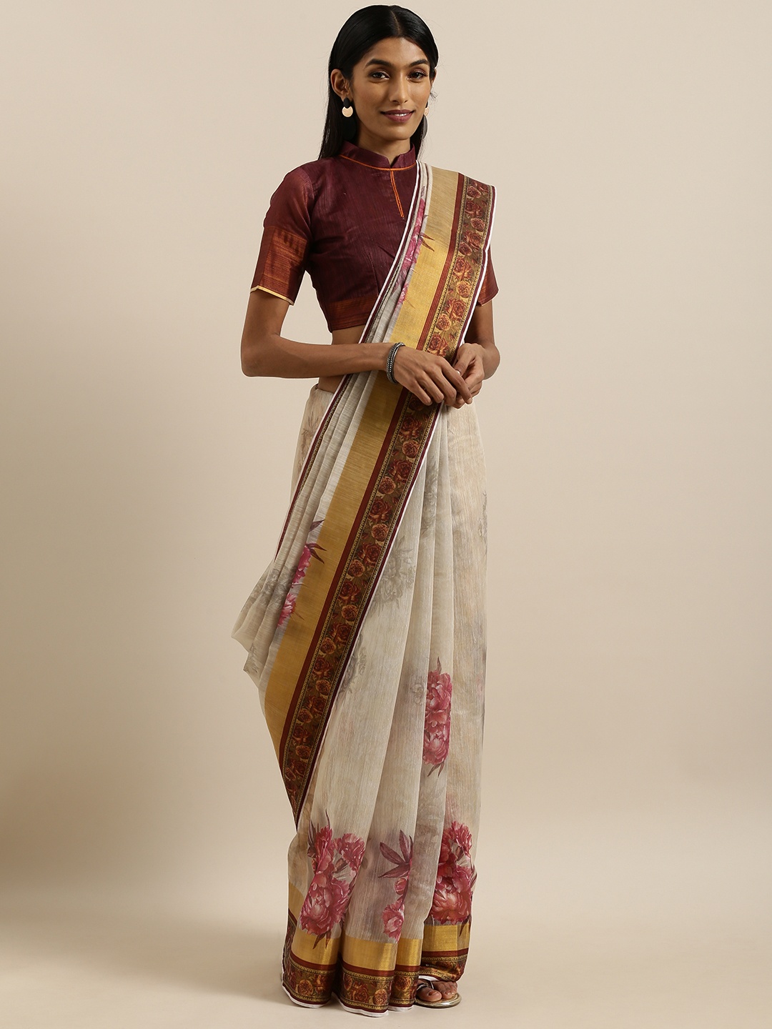

SHAVYA Beige & Pink Pure Linen Printed Saree