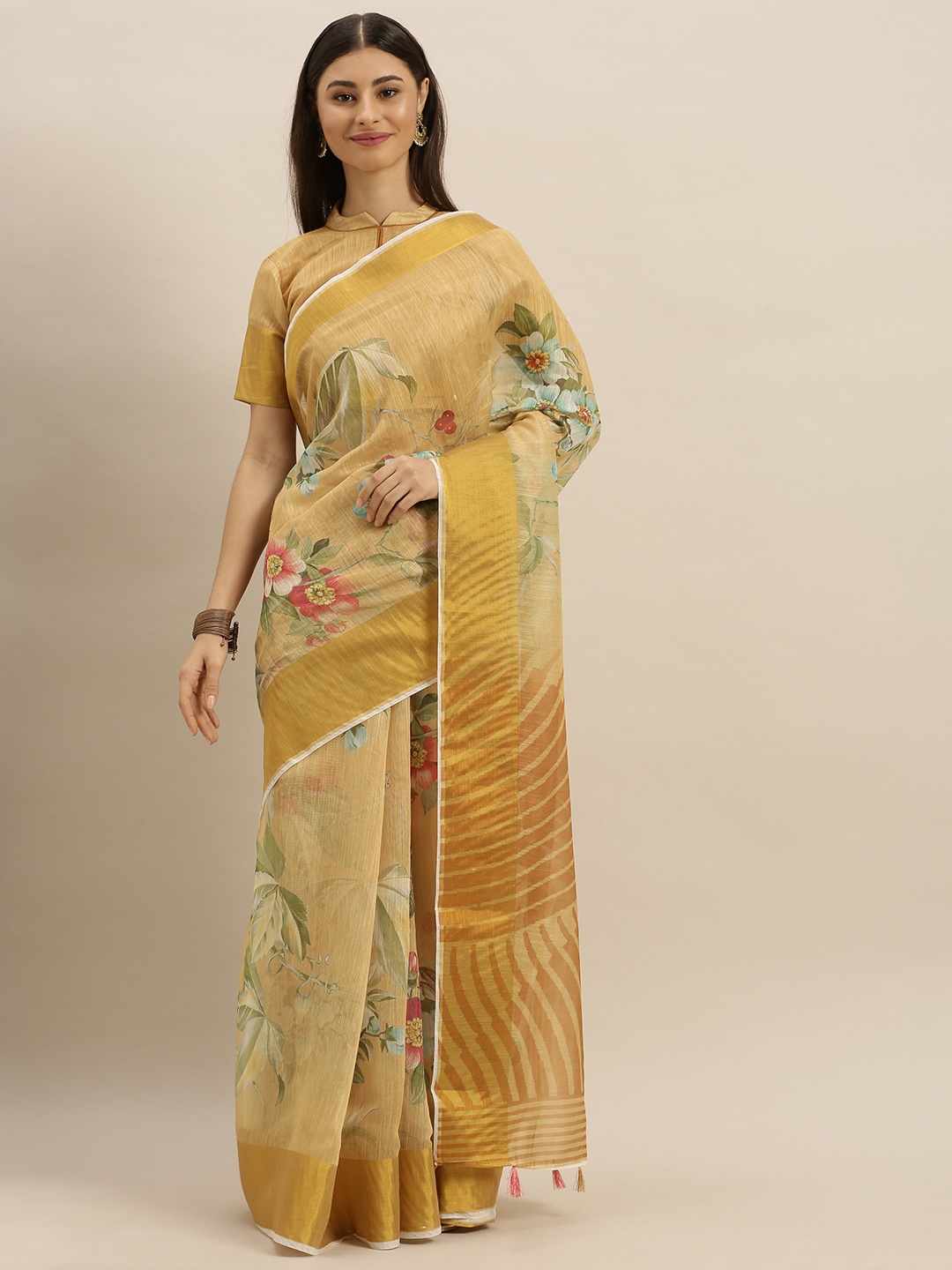 

SHAVYA Yellow Printed Pure Linen Saree
