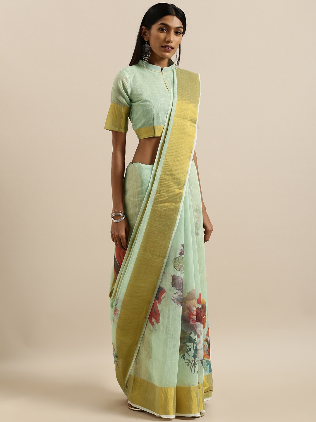 

SHAVYA Sea Green Printed Pure Linen Saree