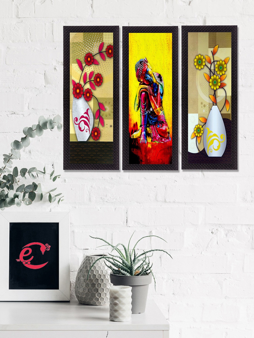 

eCraftIndia Set Of 3 Yellow & Beige Lord Buddha & Botanical Floral Satin Matt Texture UV Wall Art