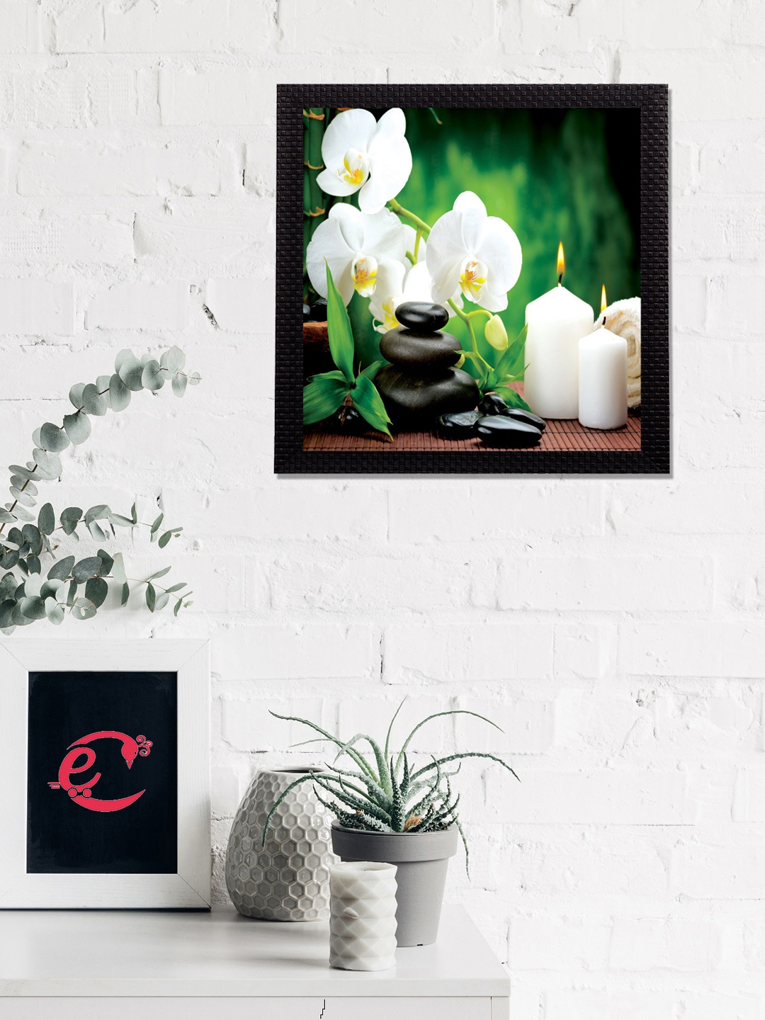 

eCraftIndia White & Green Flower & Candle Satin Matt Texture UV Wall Art