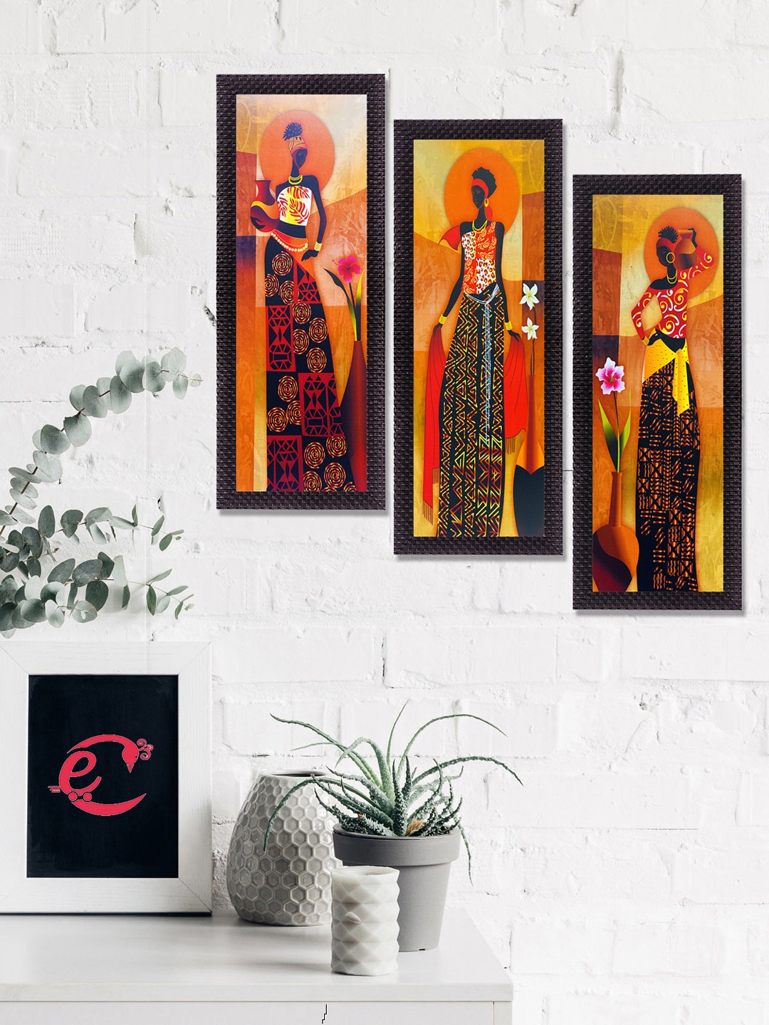 

eCraftIndia Set Of 3 Yellow & Brown Tribal Village Ladies Satin Matt Texture UV Wall Art