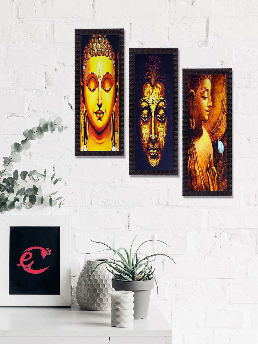 

eCraftIndia Set Of 3 Yellow & Black Lord Buddha Satin Matt Textured UV Wall Art