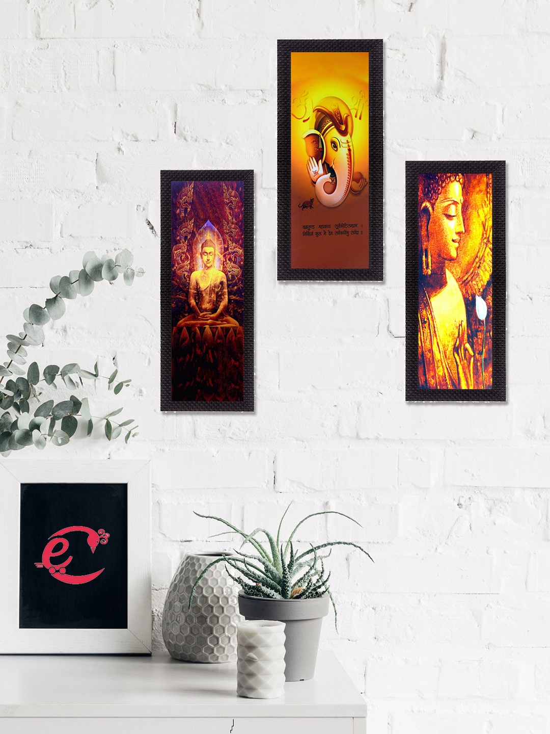 

eCraftIndia Set Of 3 Yellow & Brown Ganesha & Buddha Satin Matt Texture UV Wall Art