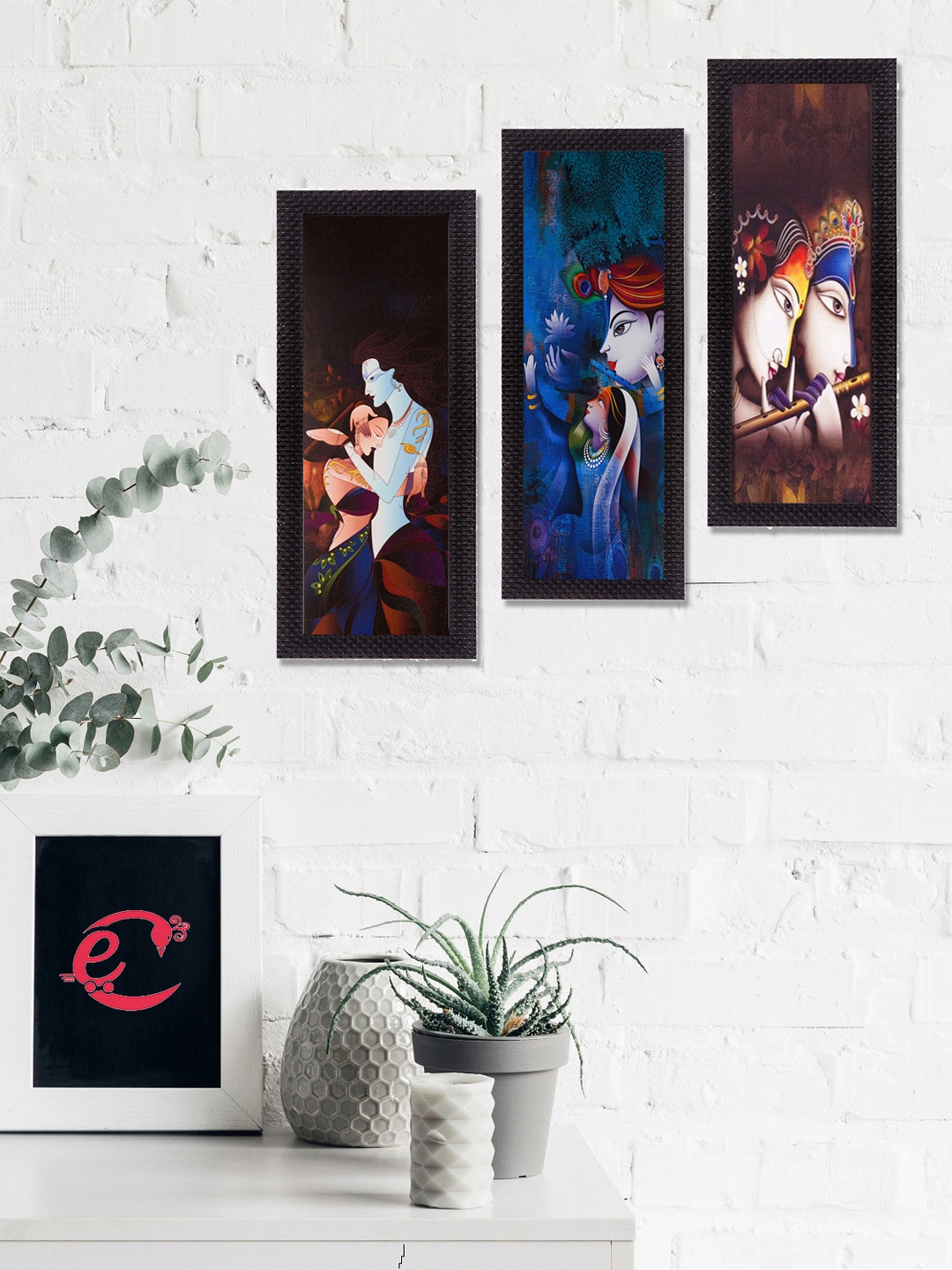 

eCraftIndia Set Of 3 Blue & Brown Radha Krishna Satin Matt Texture UV Wall Art