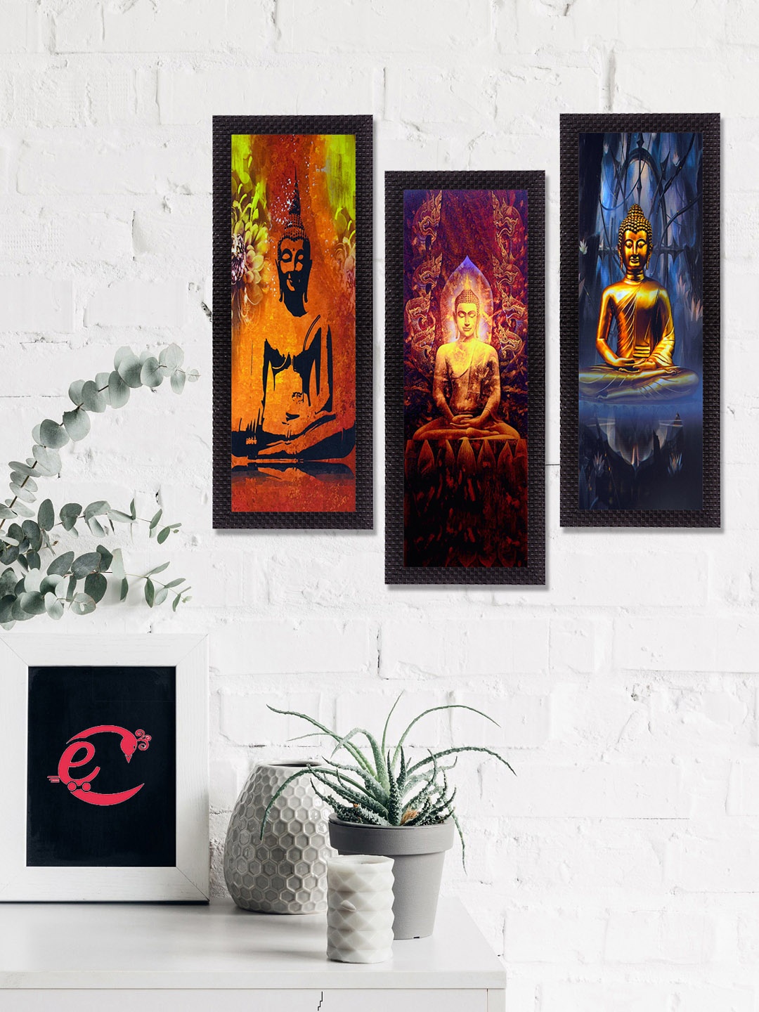 

eCraftIndia Set Of 3 Orange & Blue Meditating Buddha Satin Matt Texture UV Wall Art