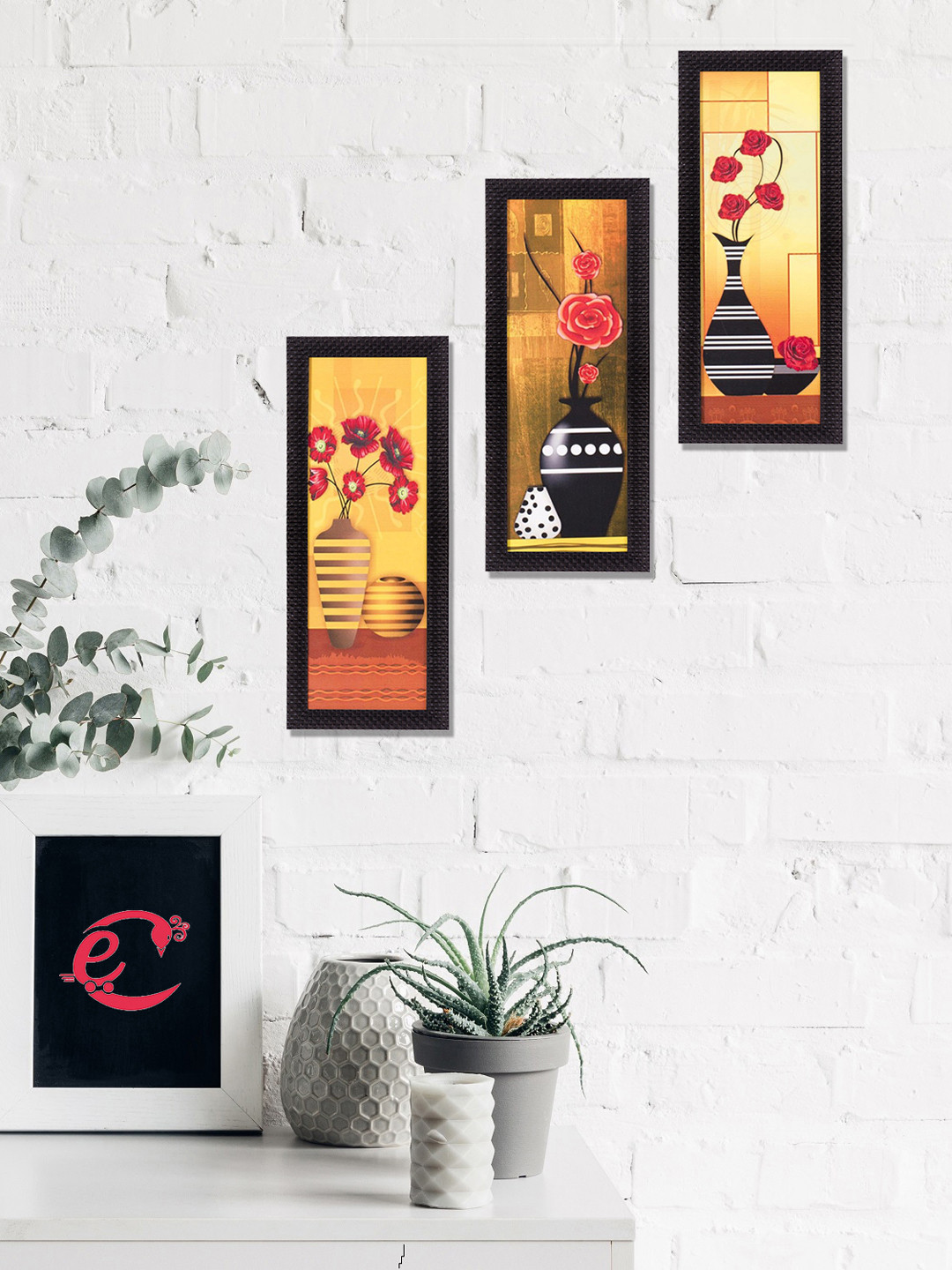 

eCraftIndia Set Of 3 Yellow & Pink Decorative Floral Botanical Pot Satin Matt Texture UV Wall Art