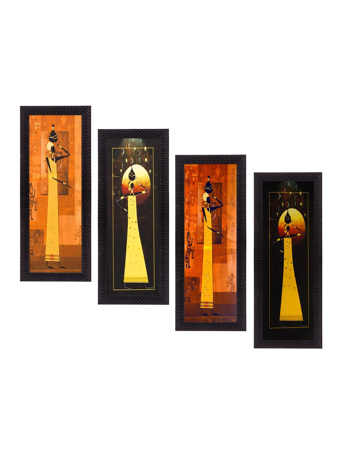 

eCraftIndia Set of 4 Brown & Orange Tribal Women Satin Matt Texture UV Wall Art