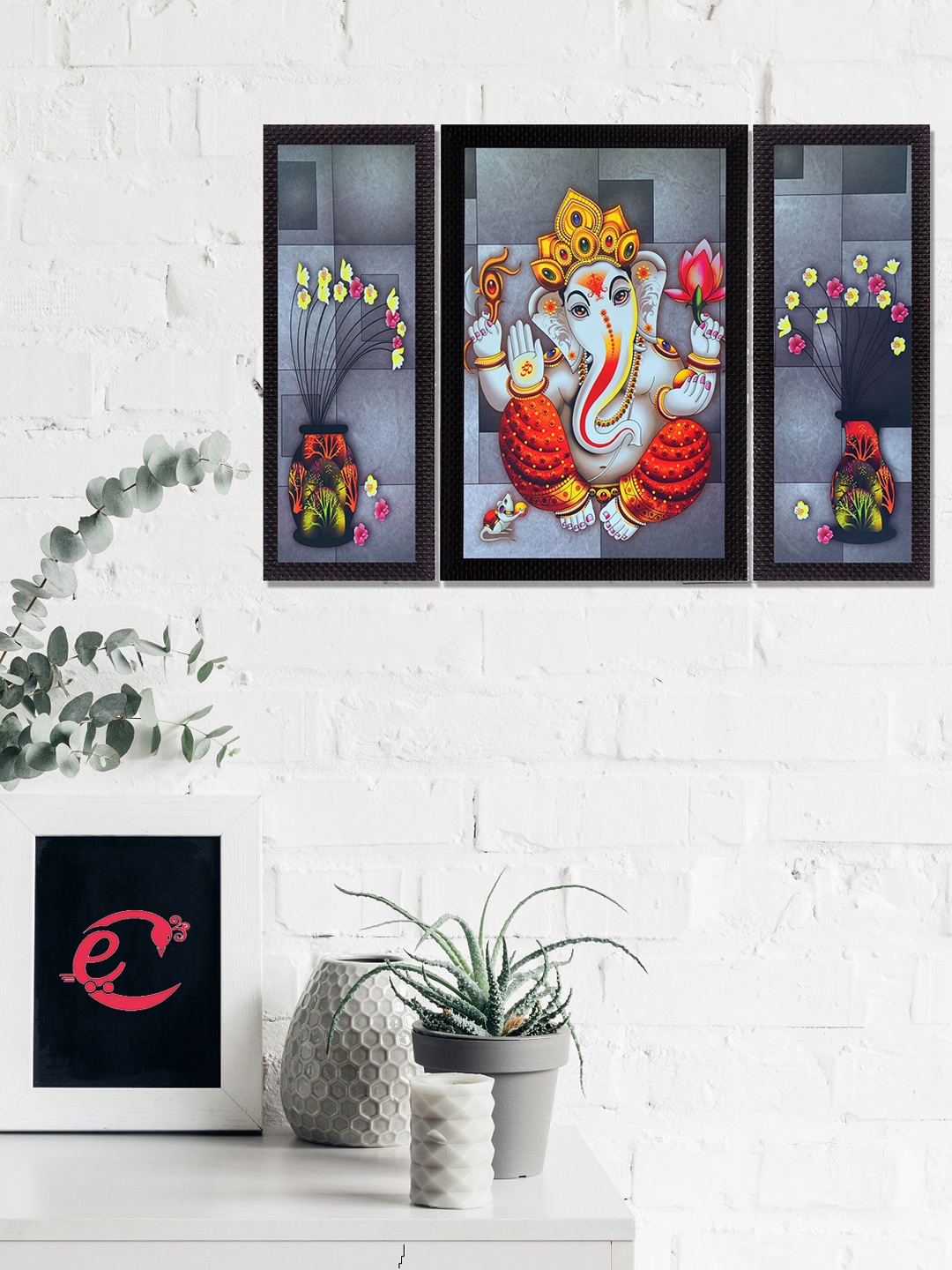 eCraftIndia Set Of 3 Grey & Orange Lord Ganesha & Flora Satin Matt Texture UV Wall Art