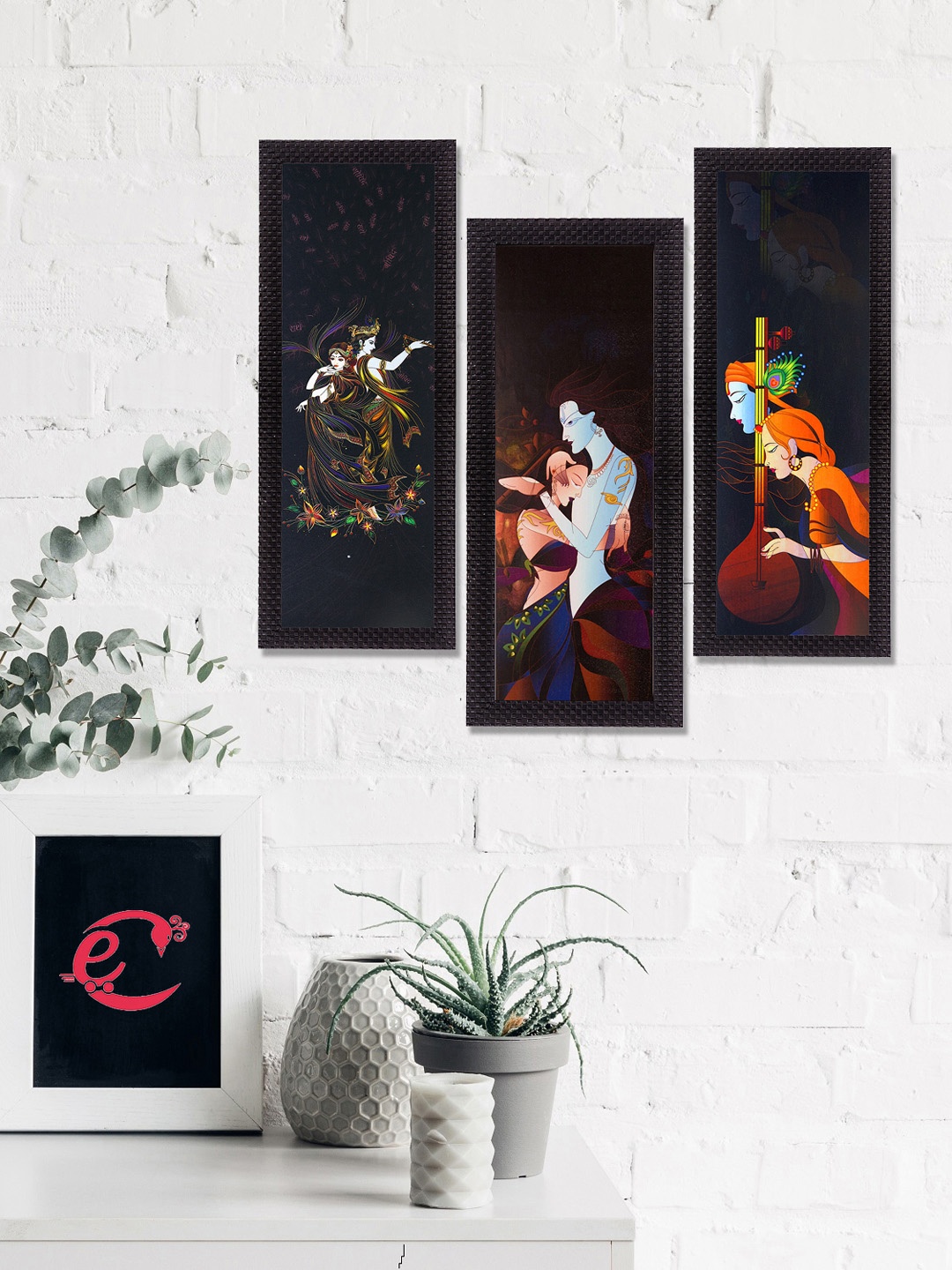 

eCraftIndia Set Of 3 Brown & Orange Radha Krishna Satin Matt Texture UV Wall Art