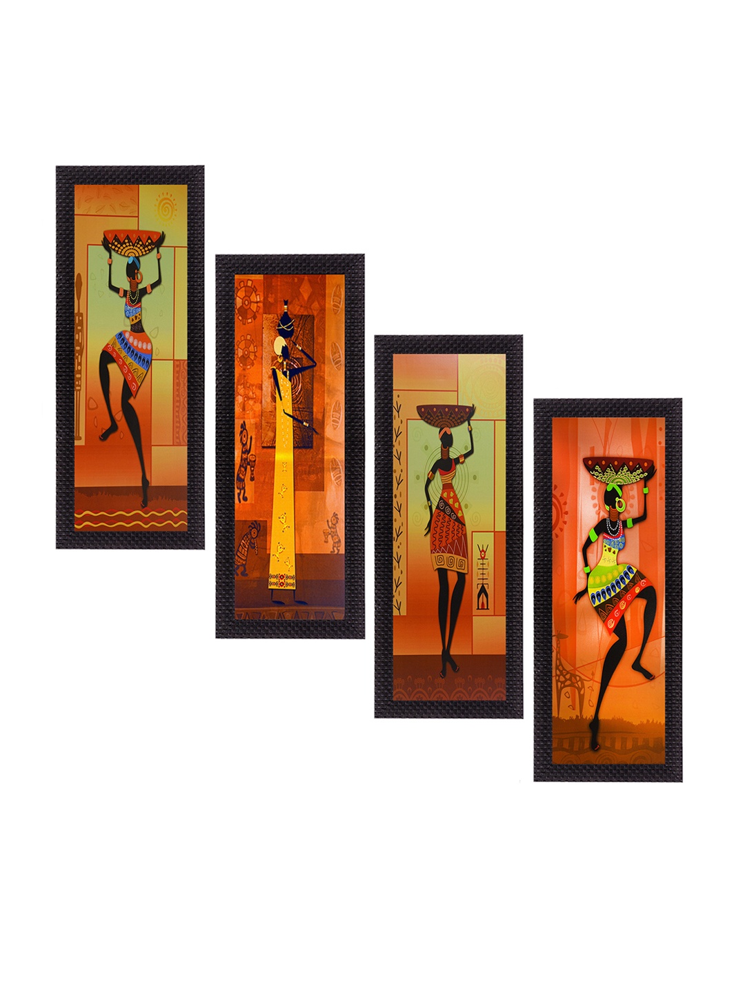 

eCraftIndia Set Of 4 Yellow & Orange Tribal Satin Matt Texture UV Wall Art