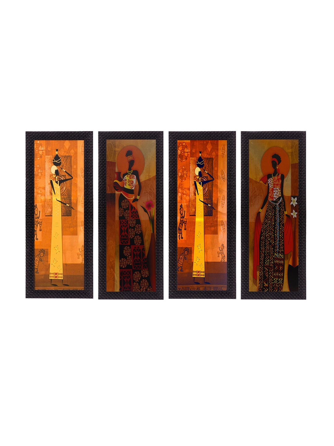 

eCraftIndia Yellow & Brown 4-Pieces Tribal Women Printed UV Wall Art