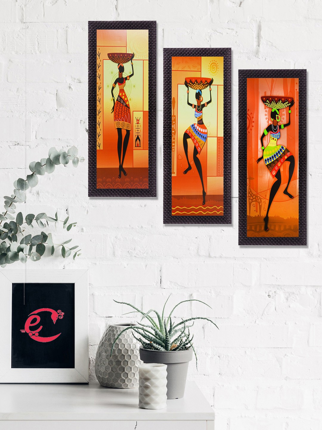 

eCraftIndia Set Of 3 Orange & Yellow Tribal Ladies Satin Matt Texture UV Wall Art